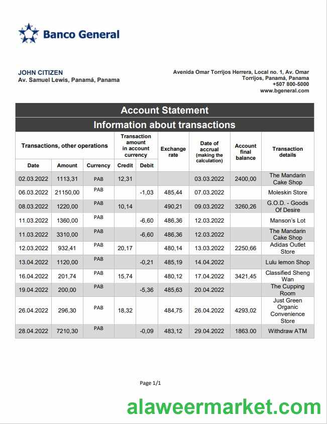 Panama Banco General bank statement